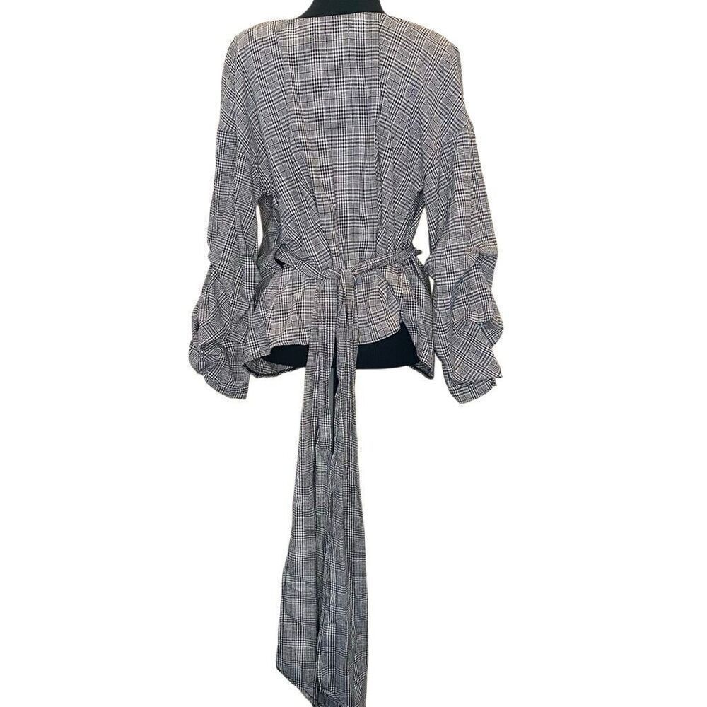 Settledown Houndstooth Plaid Long Sleeve Wrap Blouse Black White Large